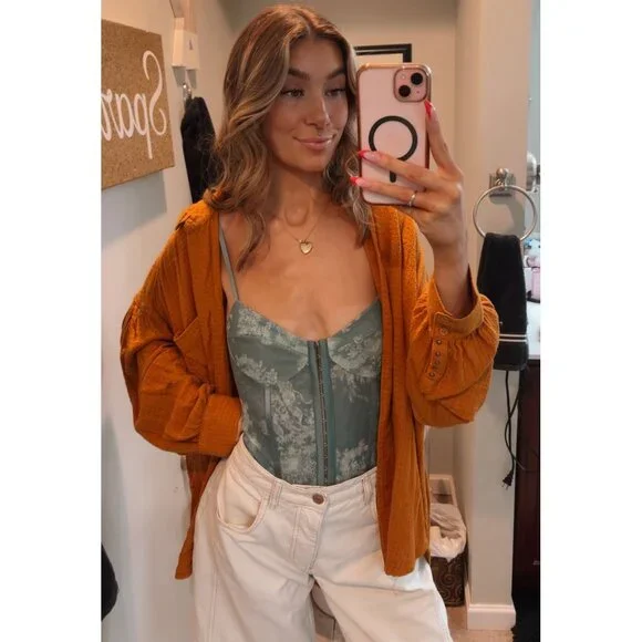 FREE PEOPLE Night Rhythm Printed Bodysuit / Sage Combo - Picture 4 of 5